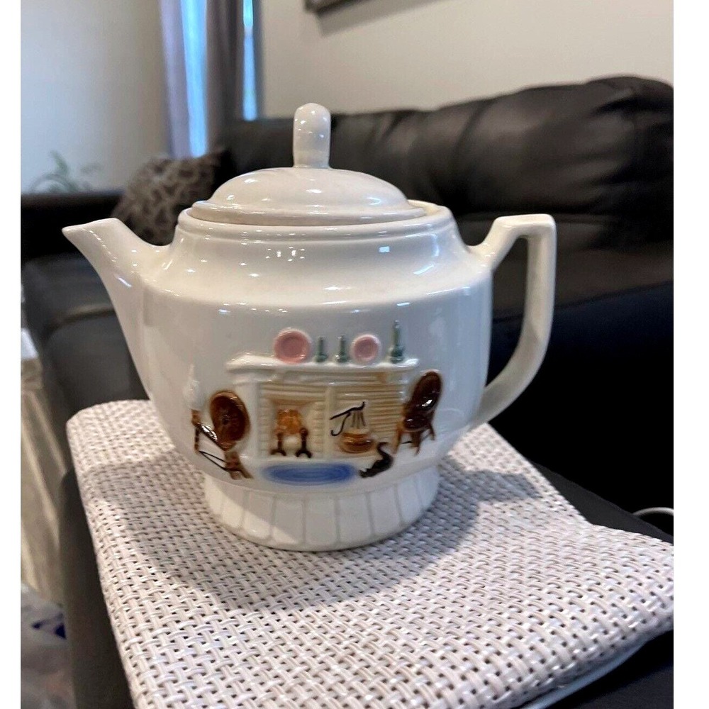 Vintage Hall China‎ Hearth Fireplace Teapot White Ceramic Spinning Wheel